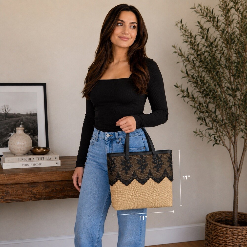 Angelica Accessories Straw Tote Bag With Black Lace Medium Sized Snap Closure